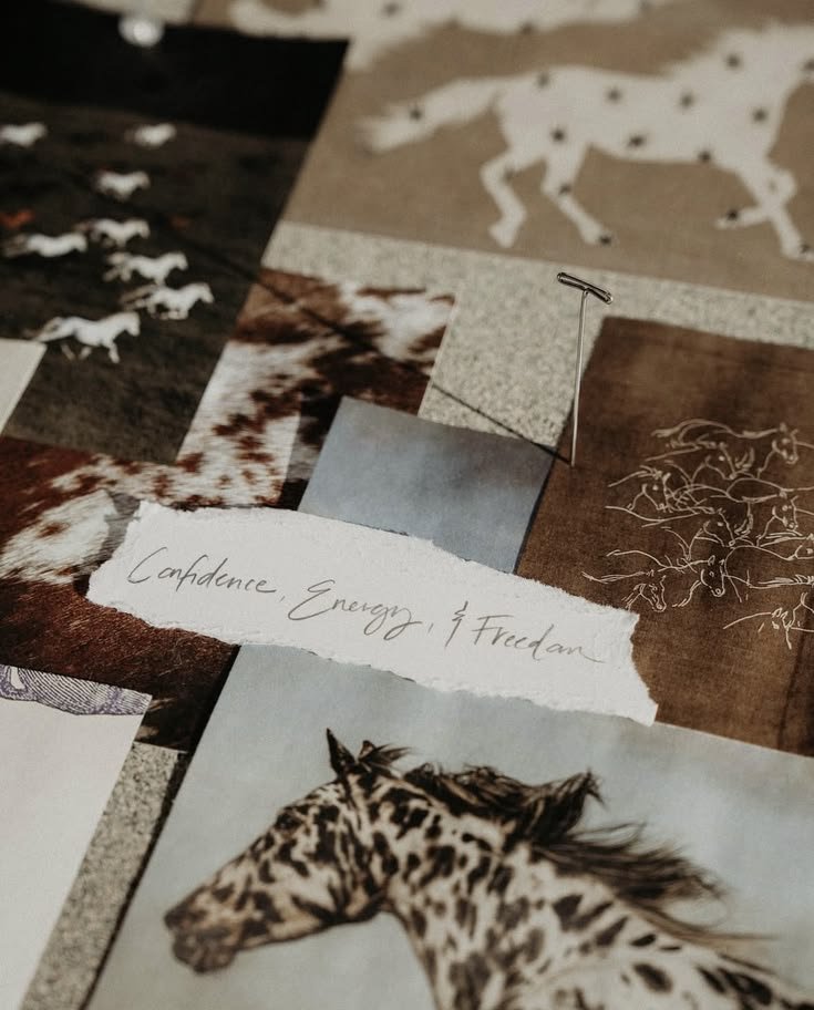 Collage of images including a zebra, a horse, and patterns of animals, with a handwritten note reading 'Confidence, Energy, & Freedom'.
