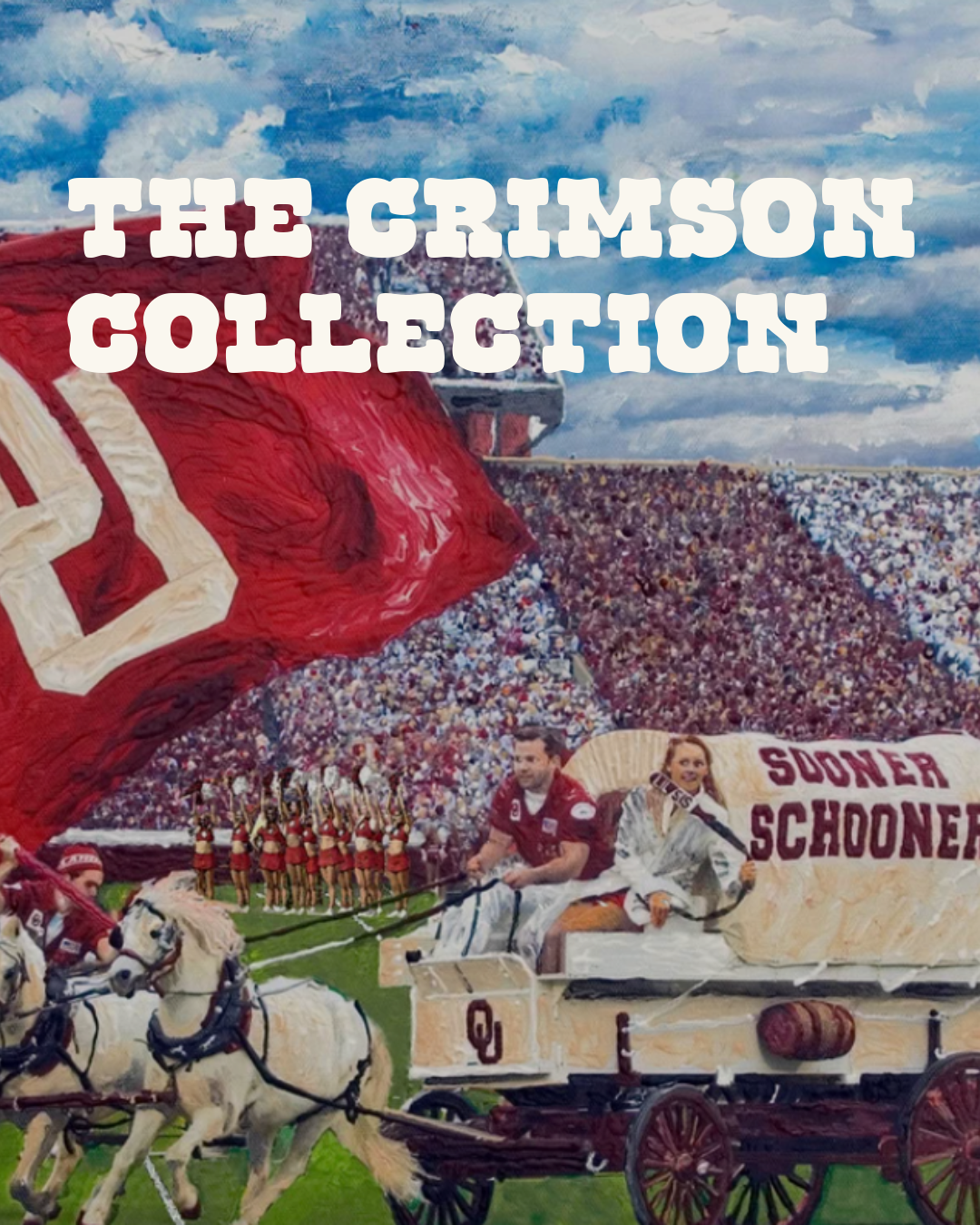 A large parade float with costumes and banners supporting the Oklahoma Sooners college football team, including a big red flag with a white letter 'O', decorated with people in team apparel, cheerleaders, and a team flag, with a crowd of spectators in the background.