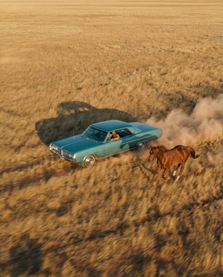 A classic blue car driven by a man, kicking up dust behind a running brown horse, in a dry open field during daytime.