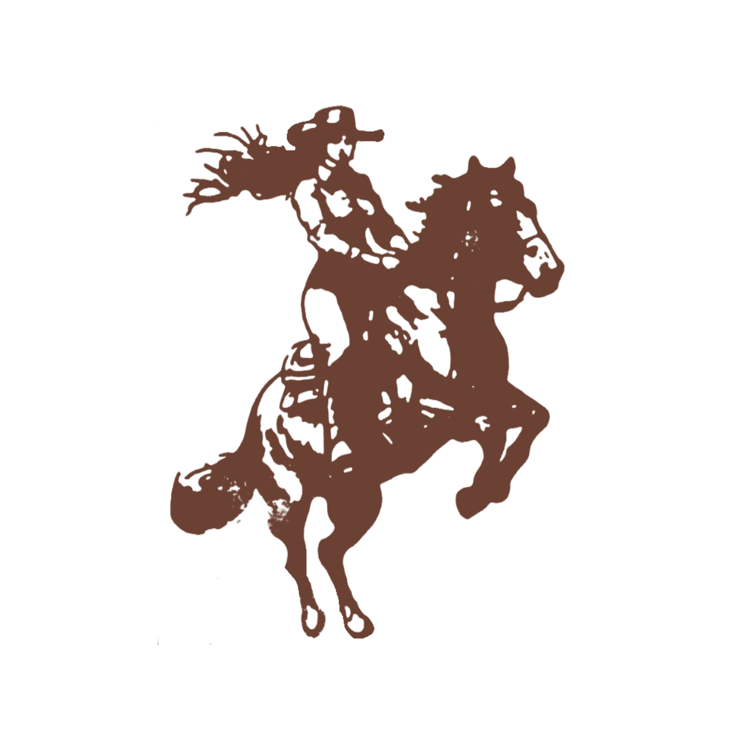 Silhouette of a person riding a bucking horse with a cowboy hat, depicted in brown on a black background.