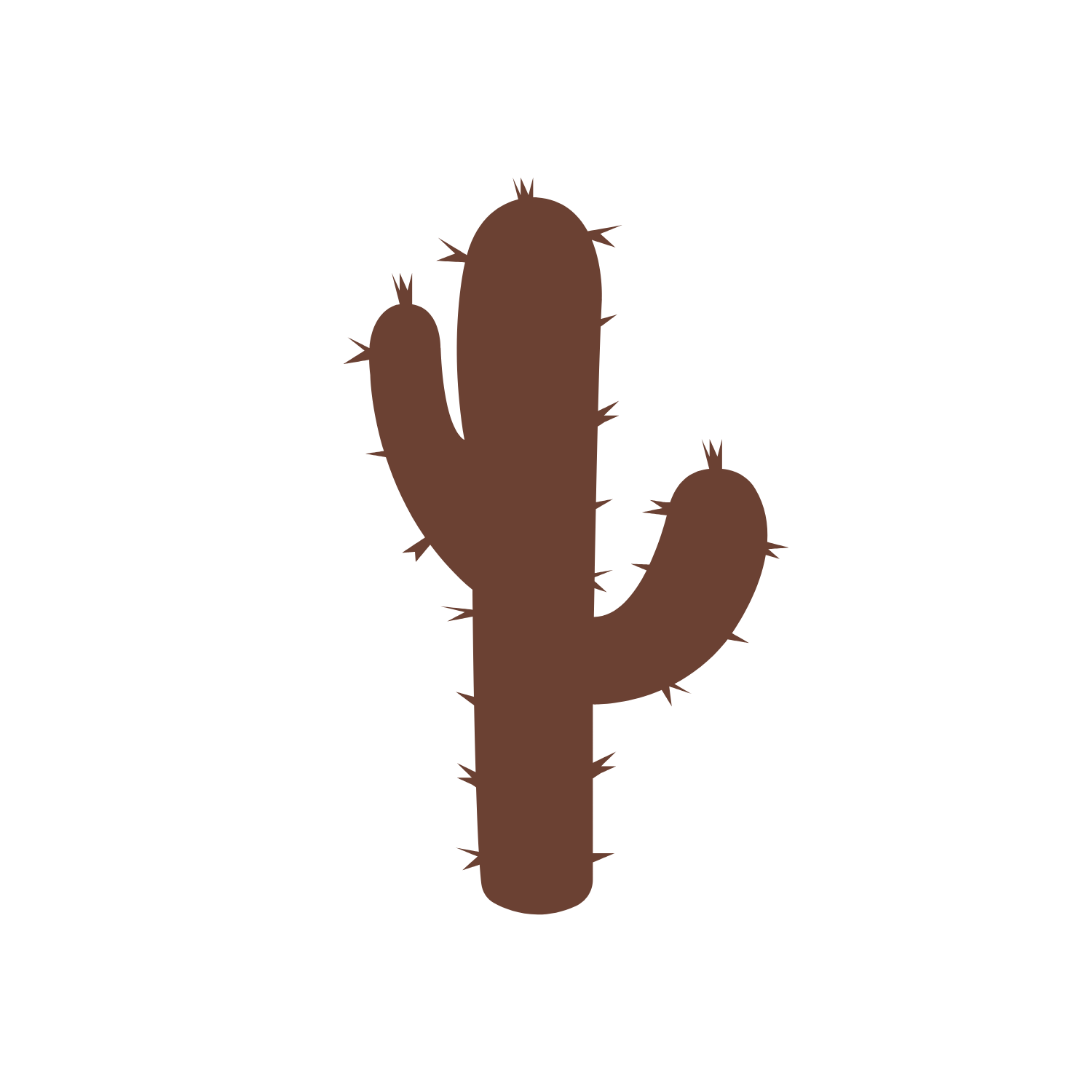 A simple cartoon illustration of a brown cactus plant with multiple arms and small spikes.