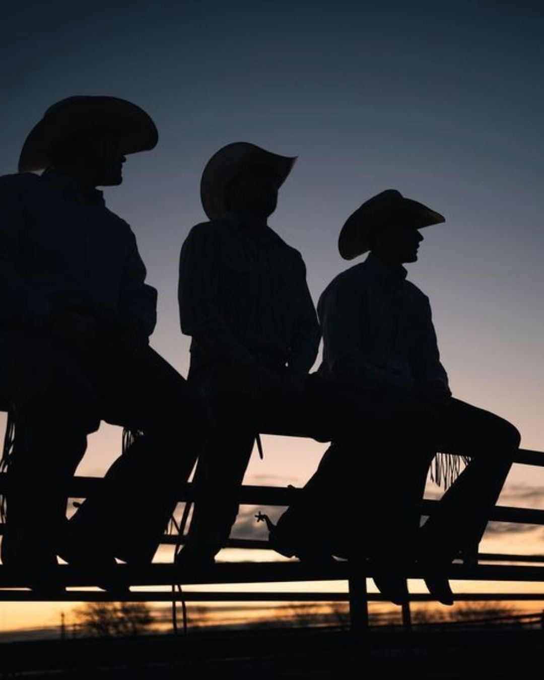 Silhouettes of three cowboys sitting on a fence at sunset, wearing cowboy hats.
