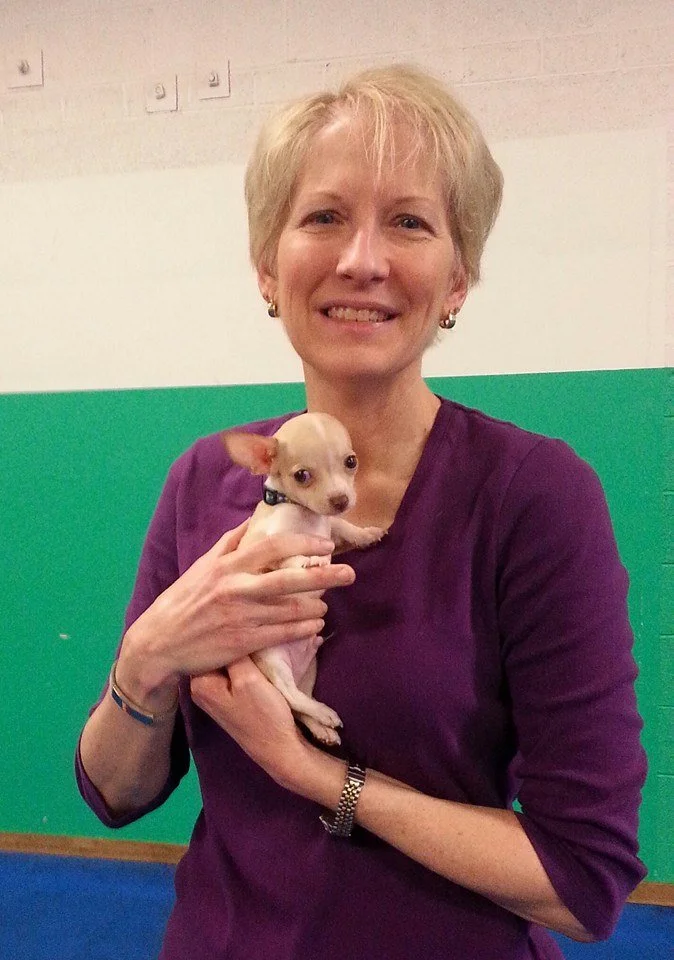 A woman with short blonde hair, wearing a purple top, holding a small beige Chihuahua in her arms, standing in an indoor space with a green and white wall.