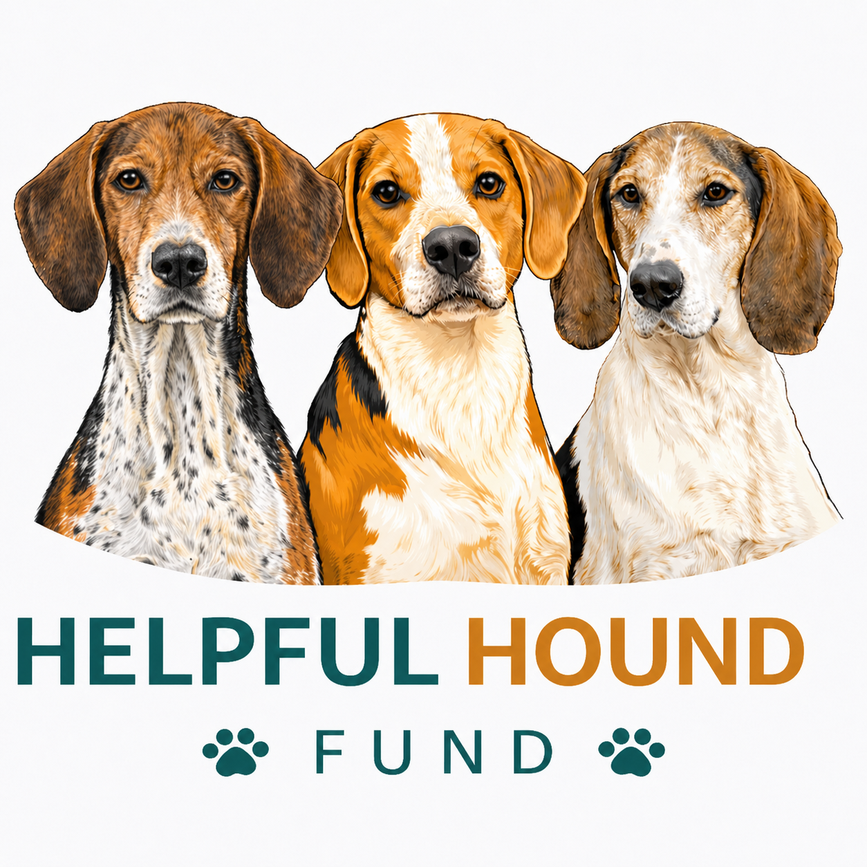 Illustration of three helpful hound dogs, with the text 'Helpful Hound Fund' and paw print icons.
