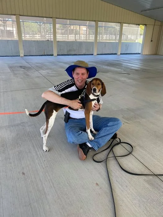 A man sitting cross-legged on a concrete surface with a beagle dog, both wearing harnesses, inside a covered outdoor area with large windows in the background.