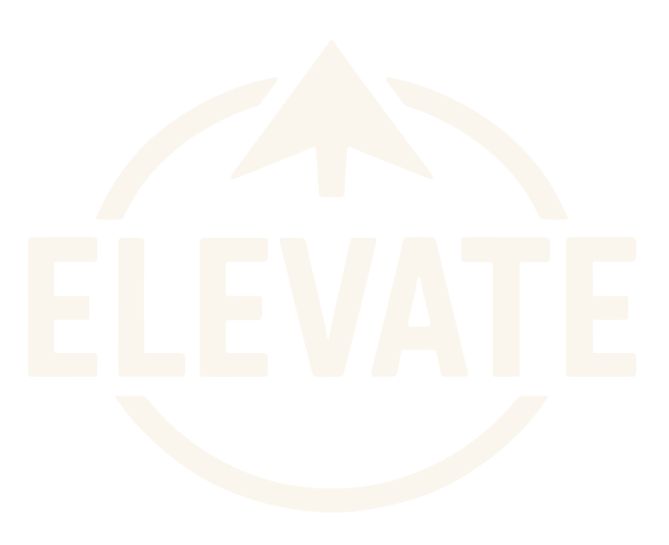 A black and white logo with the word "ELEVATE" in the center, surrounded by a circle and an upward-pointing arrow at the top.