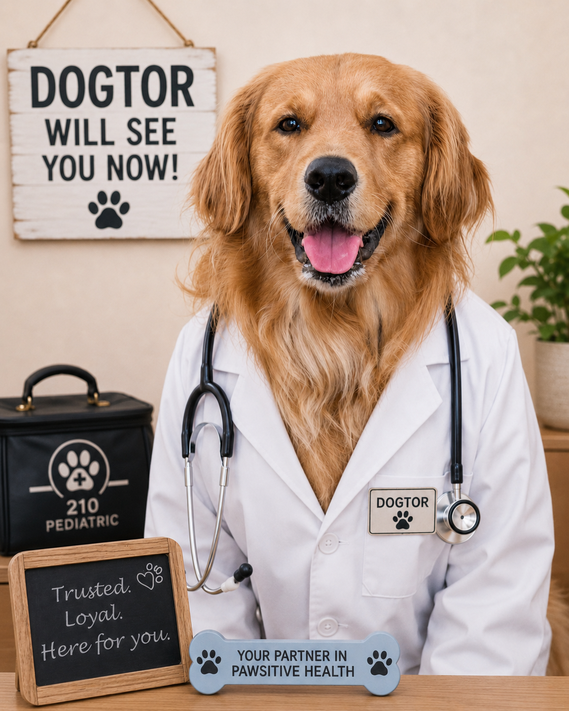 Luke, the Golden Retriever, dressed as a veterinarian to welcome families to 210 Pediatrics, a board-certified pediatric telemedicine practice.