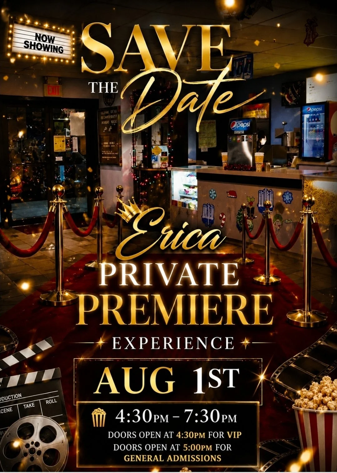 Promotional poster for a private film premiere event with gold and black theme. Details include date, August 1st, from 4:30 PM to 7:30 PM, with VIP and general admission info. The image features a movie clapperboard, film reel, popcorn, and a red carpet with gold stanchions and red ropes, set inside a theater or event venue decorated with Christmas lights and holiday-themed decorations.
