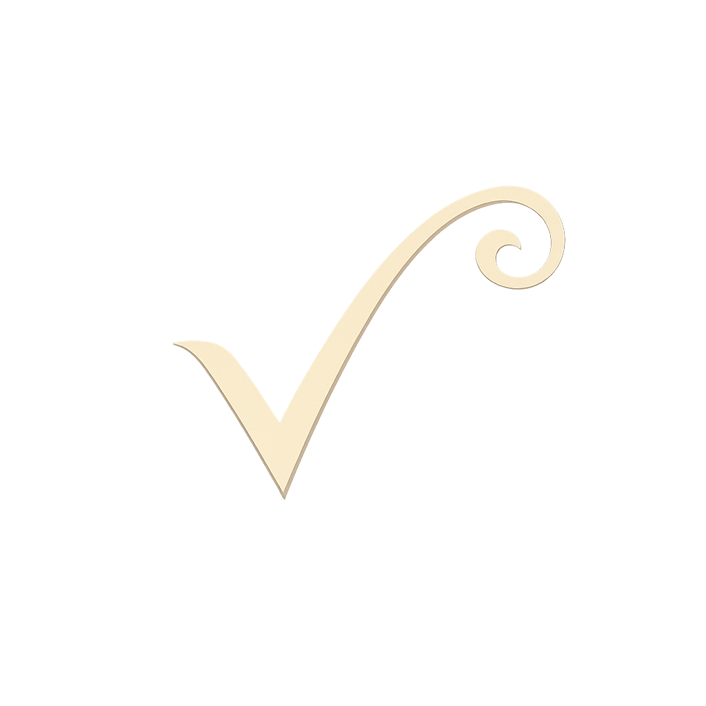 A stylized beige check mark with a curl at the top right, set against a black background.
