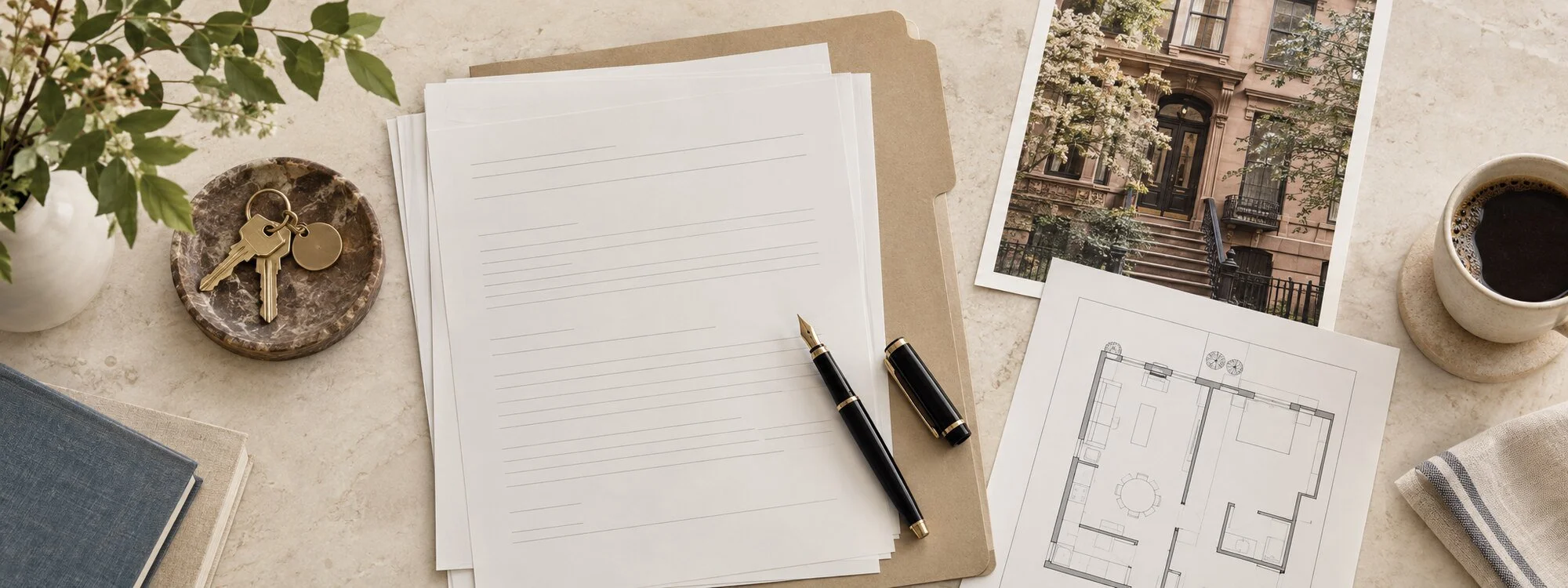 NYC co-op board package documents, apartment keys, floor plan, and brownstone photograph arranged on a desk.