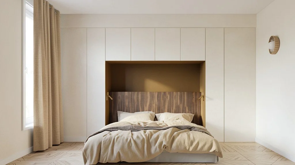 Chambre élégante, avec une tête de lit en bois foncé, murs crèmes, fenêtres avec rideaux beiges, décor simple.