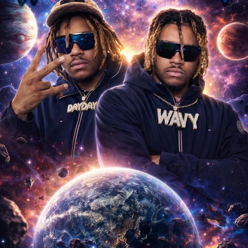 Two men with dreadlocks wearing sunglasses and jackets with large name necklaces, set against a cosmic background featuring planets, stars, and asteroids.