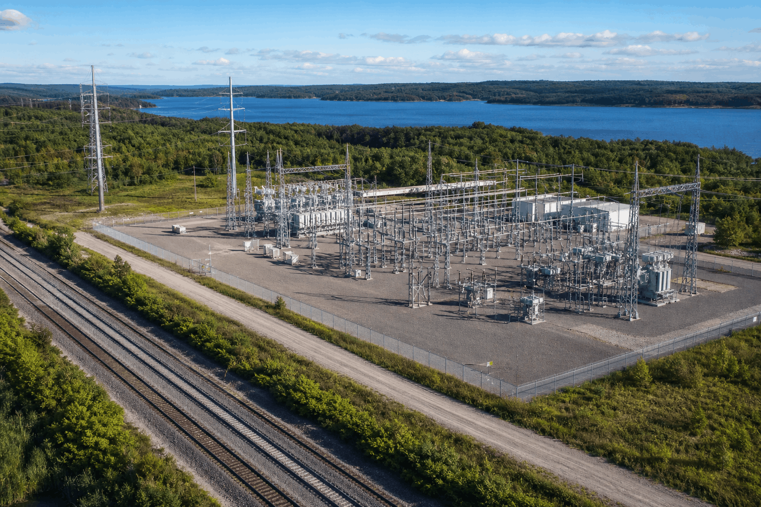 Electrical substation beside a railway, forest and inland Ontario waterway