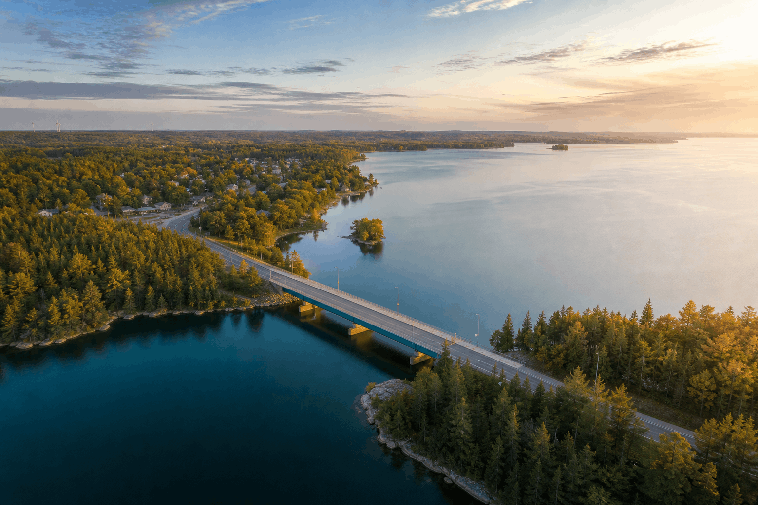 Bridge connecting a forested Ontario community across a calm inland lake