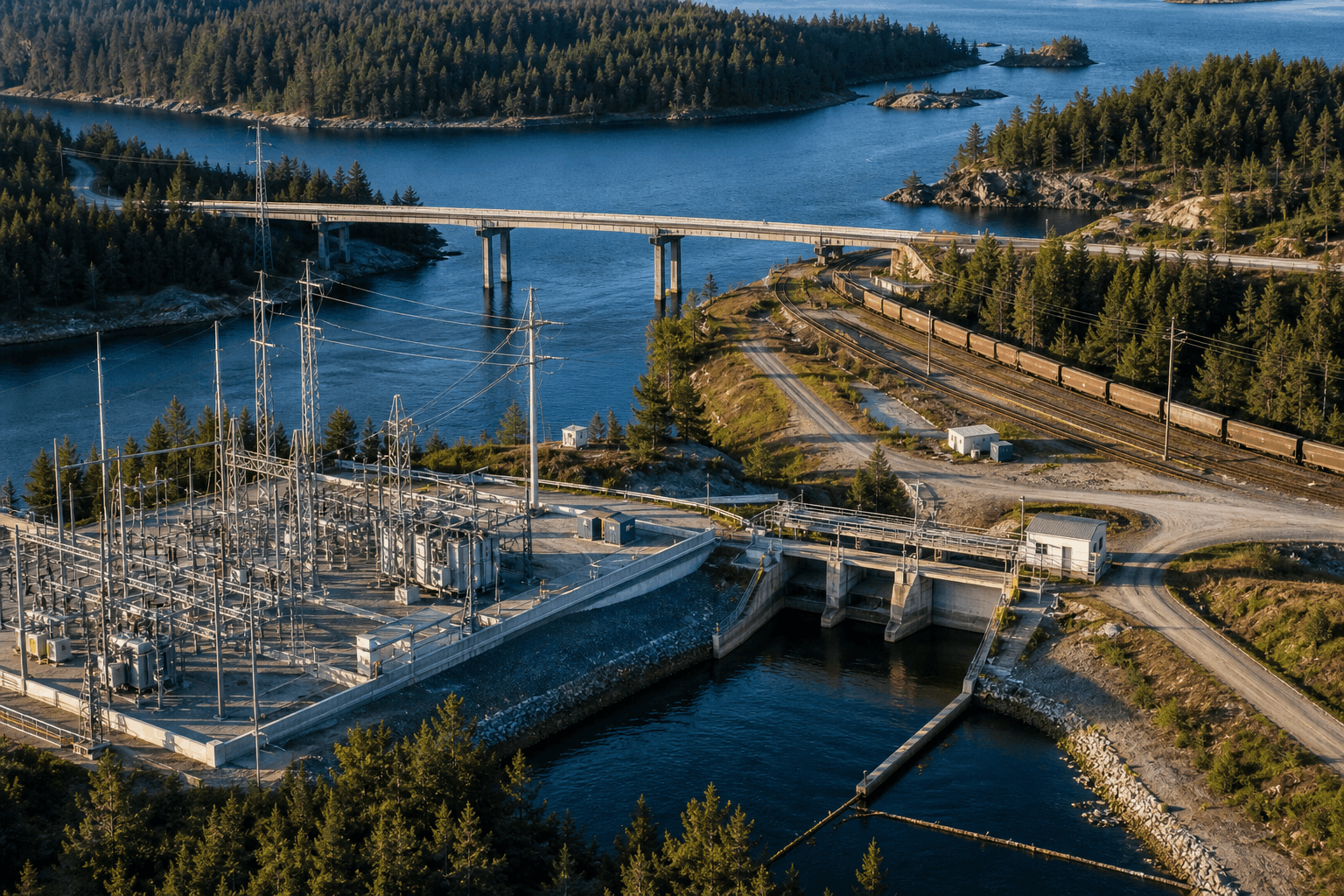 Undeveloped Ontario land aligned with lakes, transmission, railway and regional road access