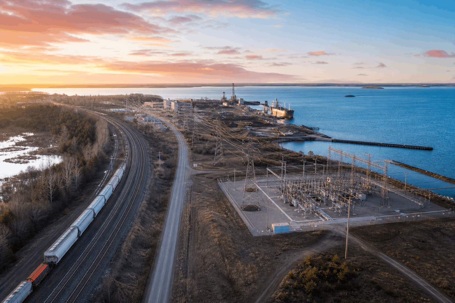 Great Lakes industrial corridor with port facilities, railway, transmission and road access