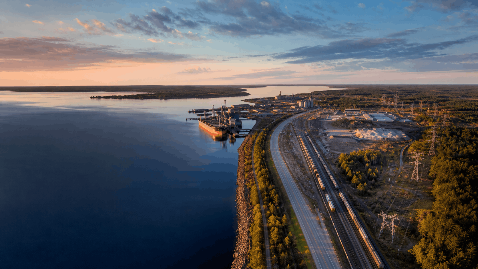 Municipal bridge and utility infrastructure beside a clear forested Ontario inlet