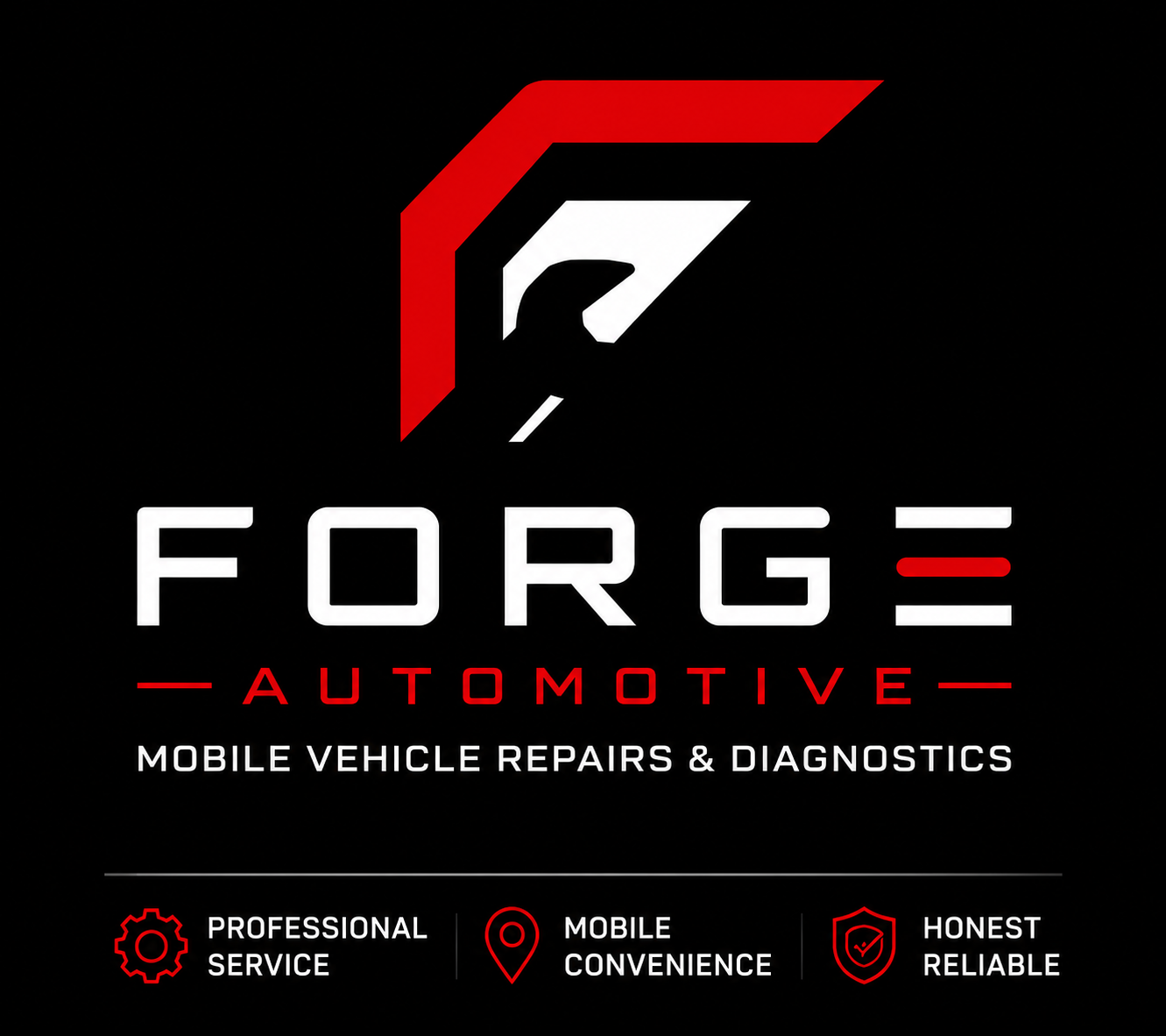 Logo for Forge Automotive, a mobile vehicle repair and diagnostics service, with icons indicating professional service, mobile convenience, and honesty and reliability.
