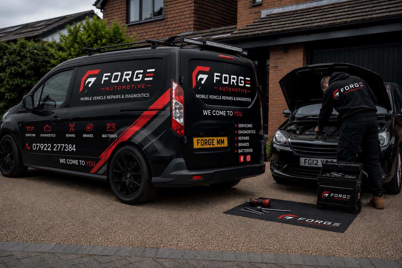 A mechanic working on a black car with the hood open, parked next to a branded Forge Automotive service van. The van displays services like diagnostics and repairs, with contact info and social media icons. Tools are laid out on a mat on the ground.