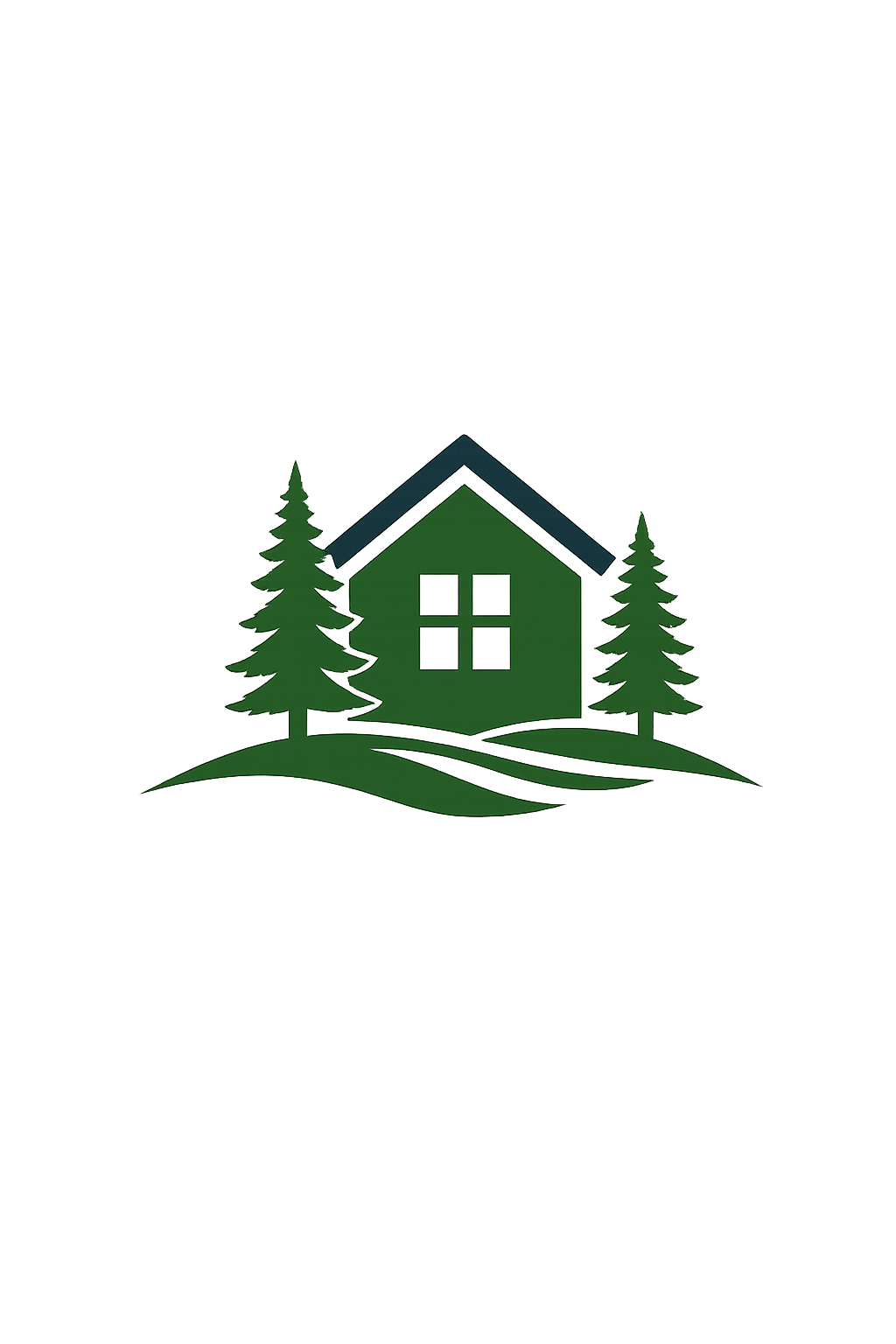 Logo featuring a green house with four windows, surrounded by two tall pine trees, set on grassy land against a black background.