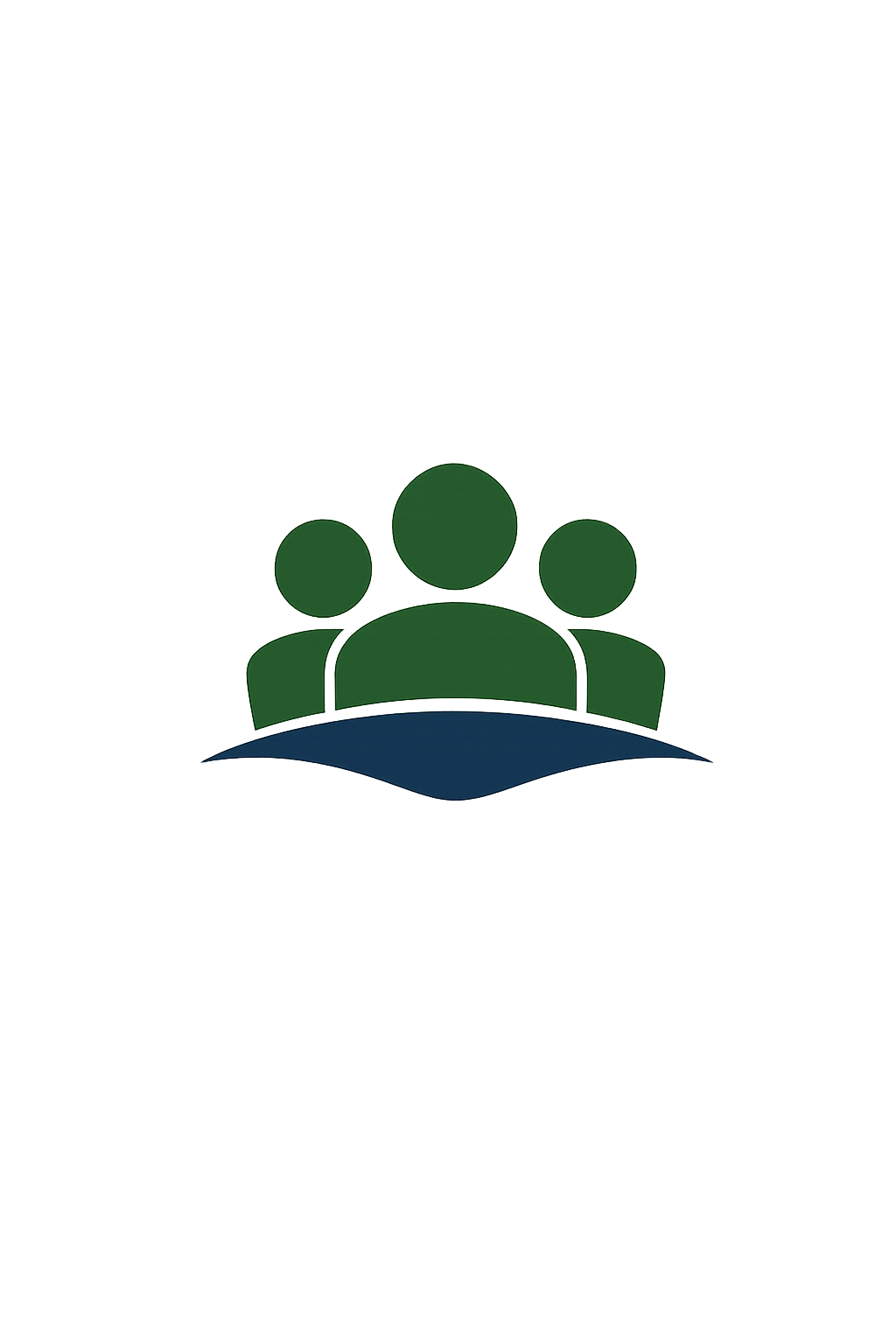A logo with abstract figure of four green persons behind a large book, set against a dark background.