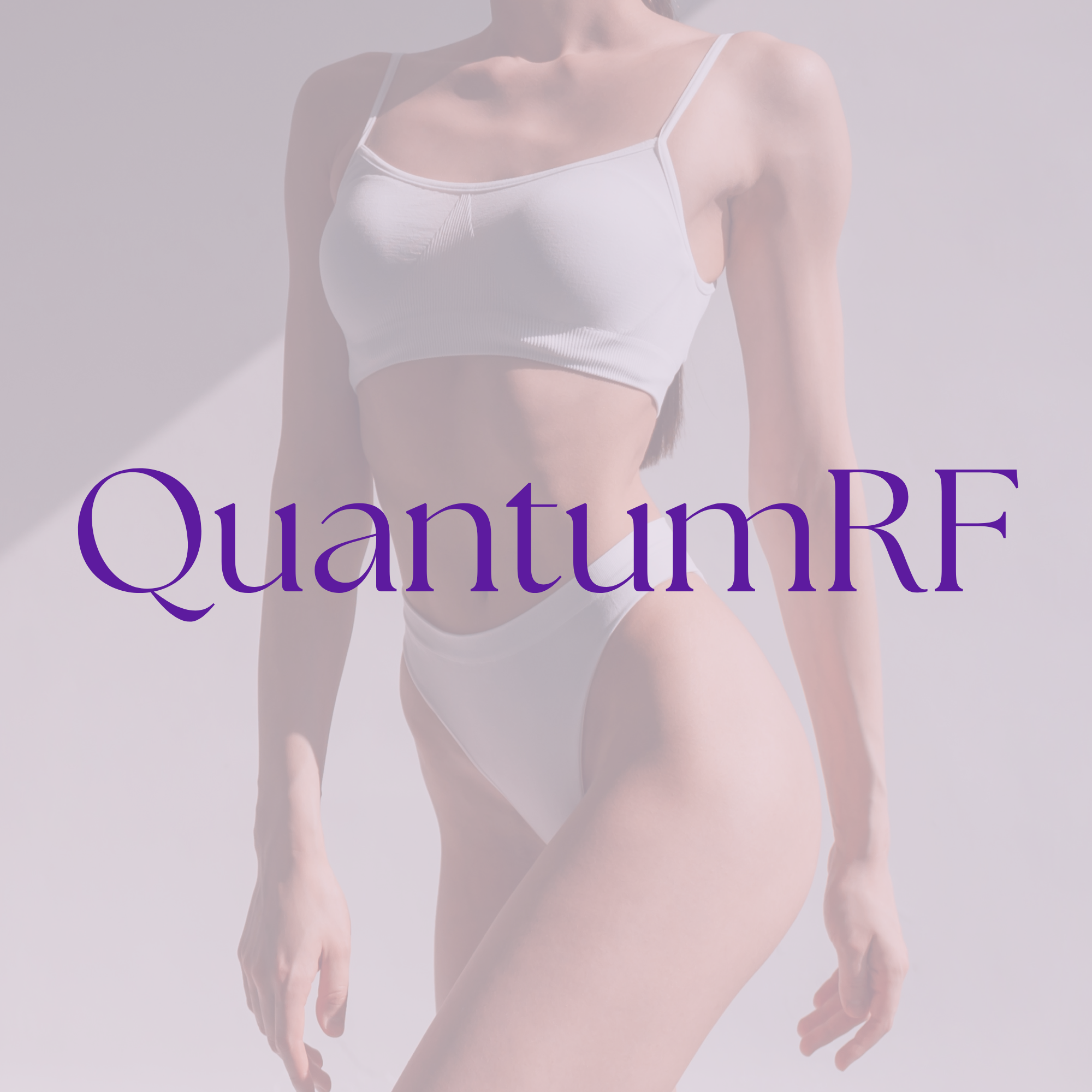A person wearing a white sports bra and white underwear, standing against a plain background, with purple text overlay that says "QuantumRE."