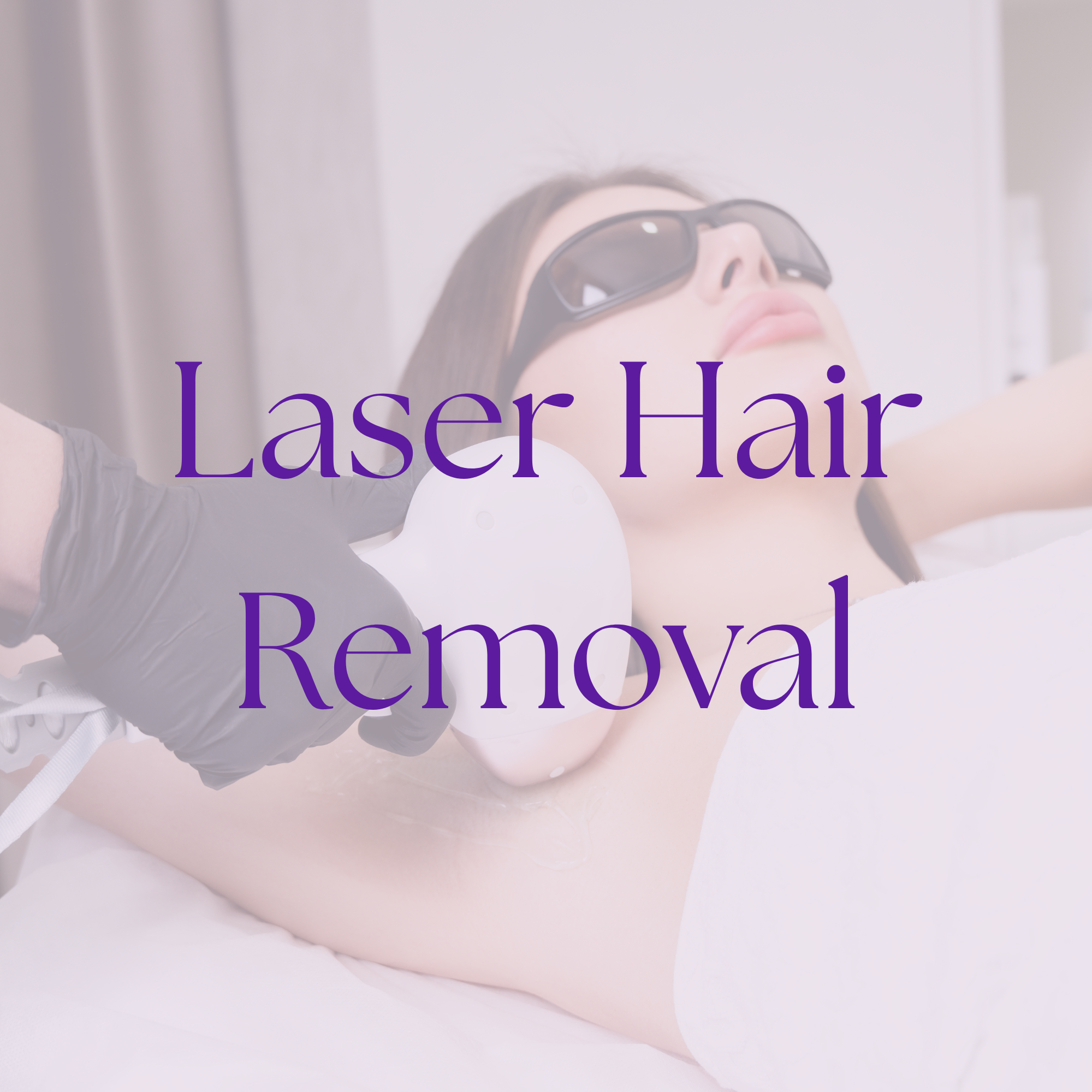 A woman with dark hair wearing sunglasses and a linen gown lying down during a laser hair removal treatment.
