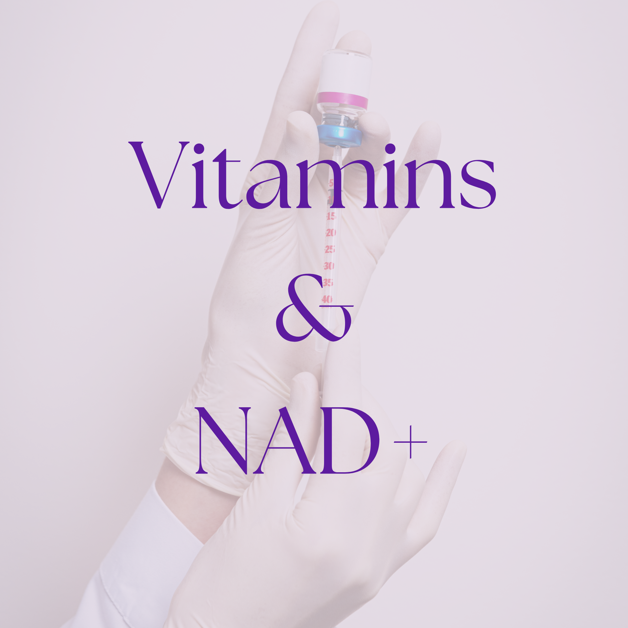 A hand wearing a white glove holding a syringe with a vial of pink liquid. The background is light gray and the word "Vitamins" is written in purple across the image.