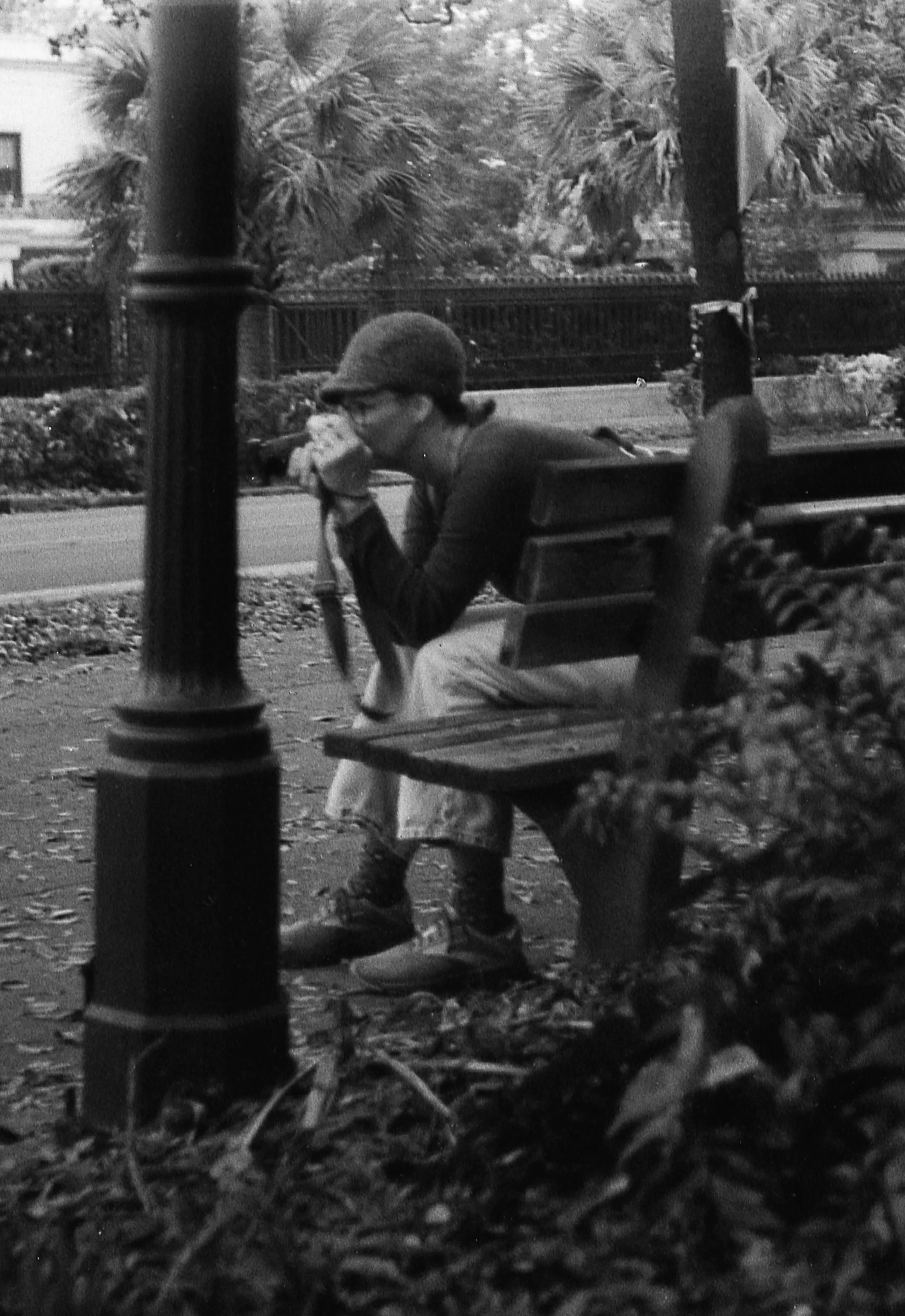 A person sitting on a park bench, wearing glasses and a hat, taking a photograph, with trees and a fence in the background.