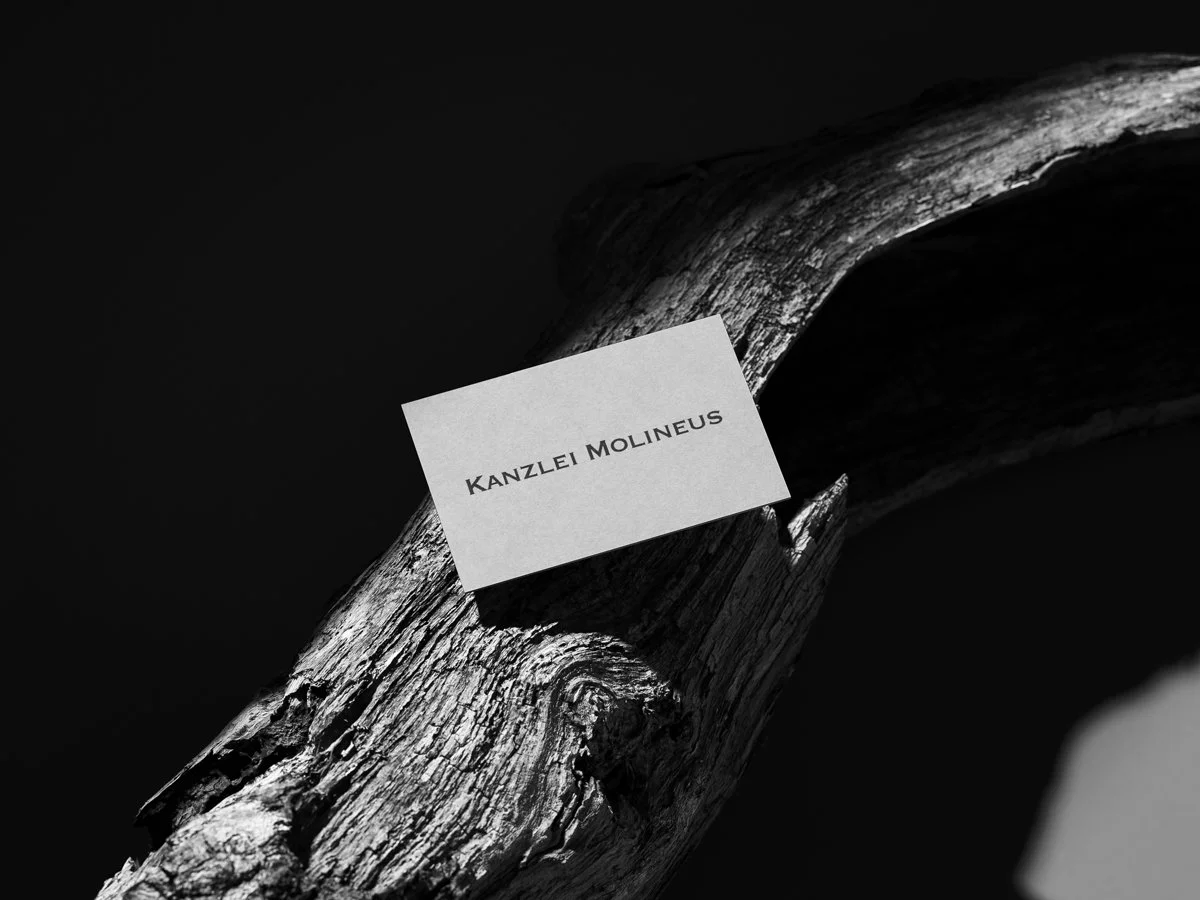 Ein weiße Karte mit dem Text 'KANZLEI MOLINEUS' liegt auf einem Stück Holz gegen einen schwarzen Hintergrund.