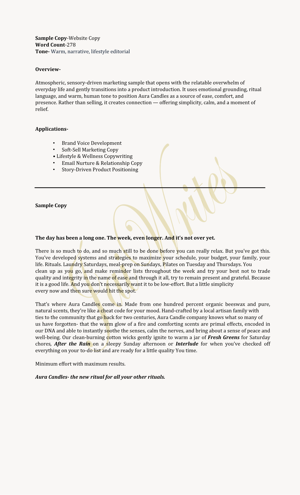 Sample document titled 'Website Copy' with sections including overview, applications, and sample copy, featuring a large, faint, cursive 'Create' in the background.