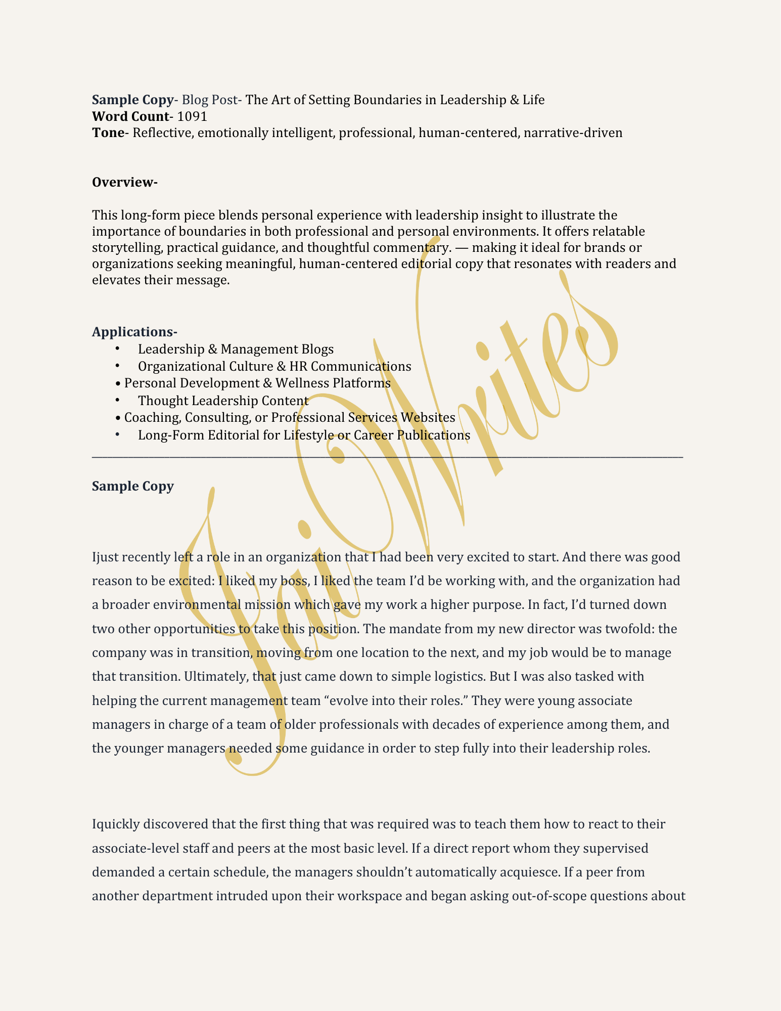A cropped section of a typed document or article, discussing leadership and setting boundaries, with a background design featuring gold cursive text.