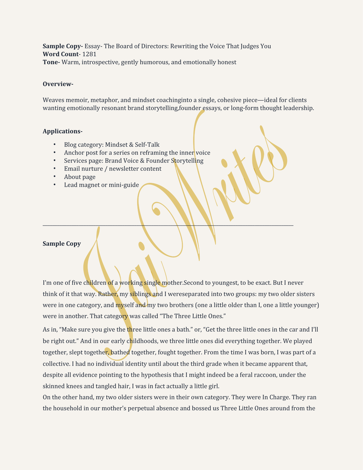 A page from a written document or book with text discussing an essay about a single mother and her children, with a large decorative script word 'Children' overlayed in gold on the right side of the page.