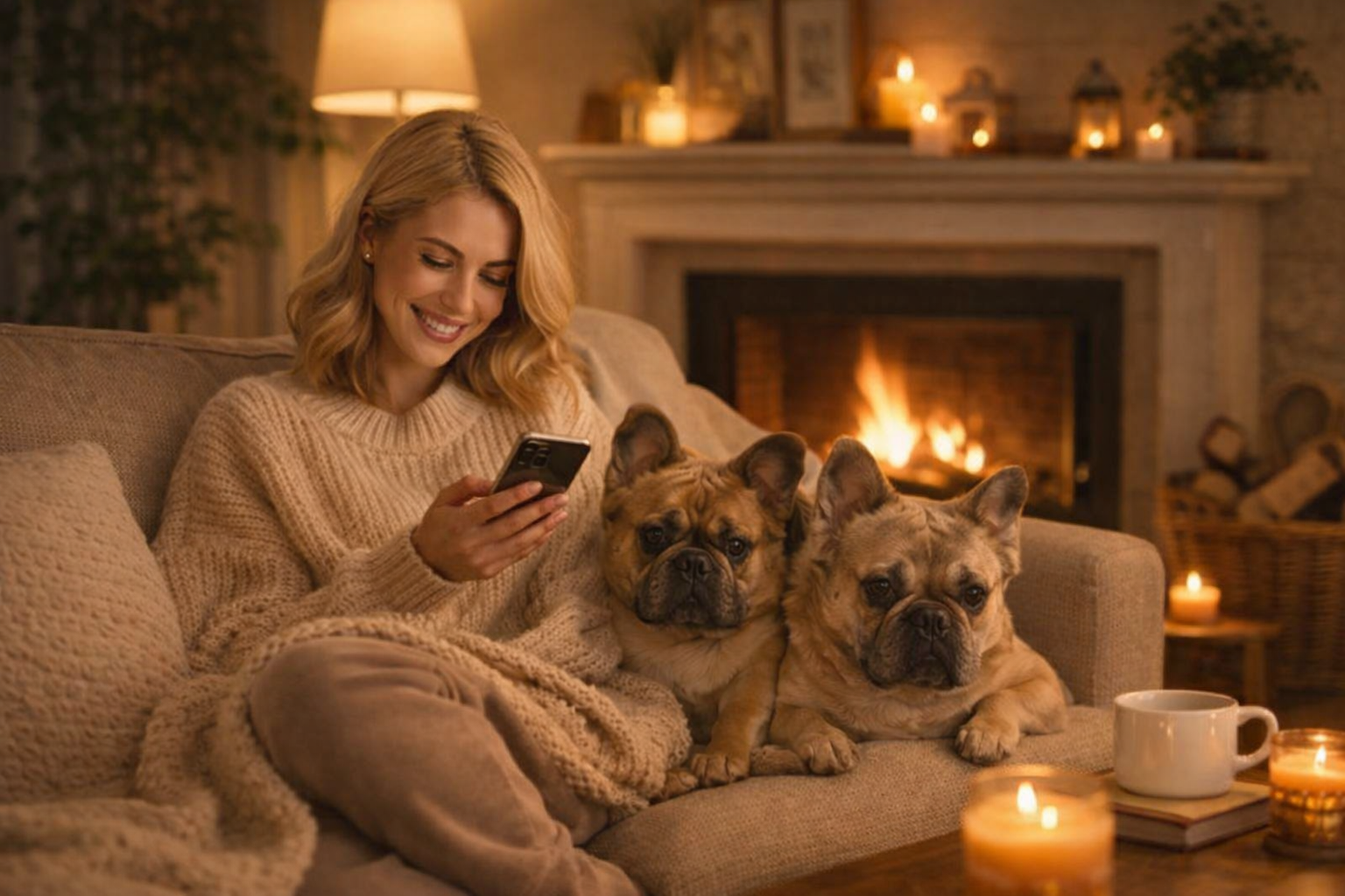 A woman with blonde hair smiling while looking at her phone on a cozy sofa with two French bulldogs beside her, in a warm living room with a lit fireplace and candles.