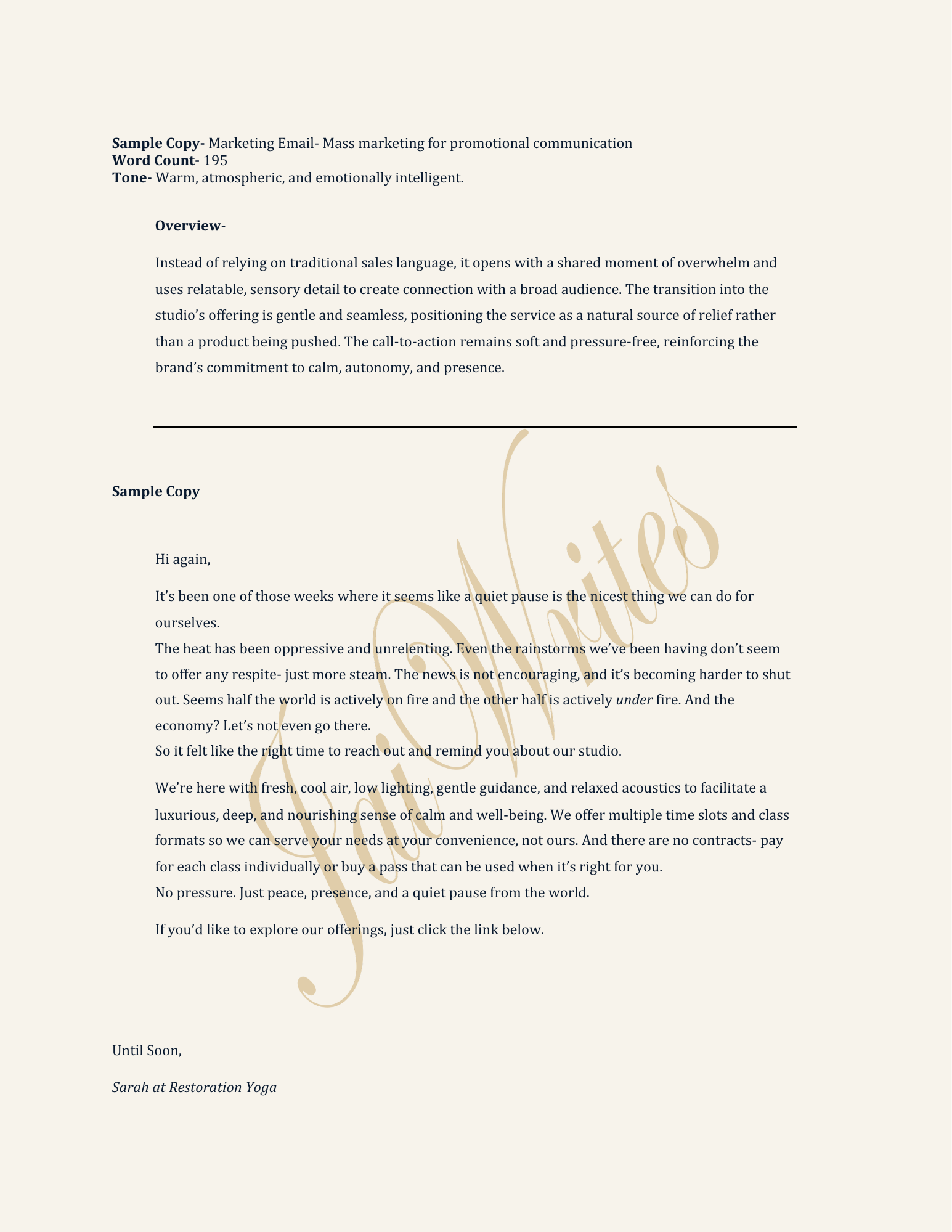 A screenshot of a marketing email template with a beige background, featuring sample copy promoting relaxation and wellness services, and a decorative beige swirl design overlay.