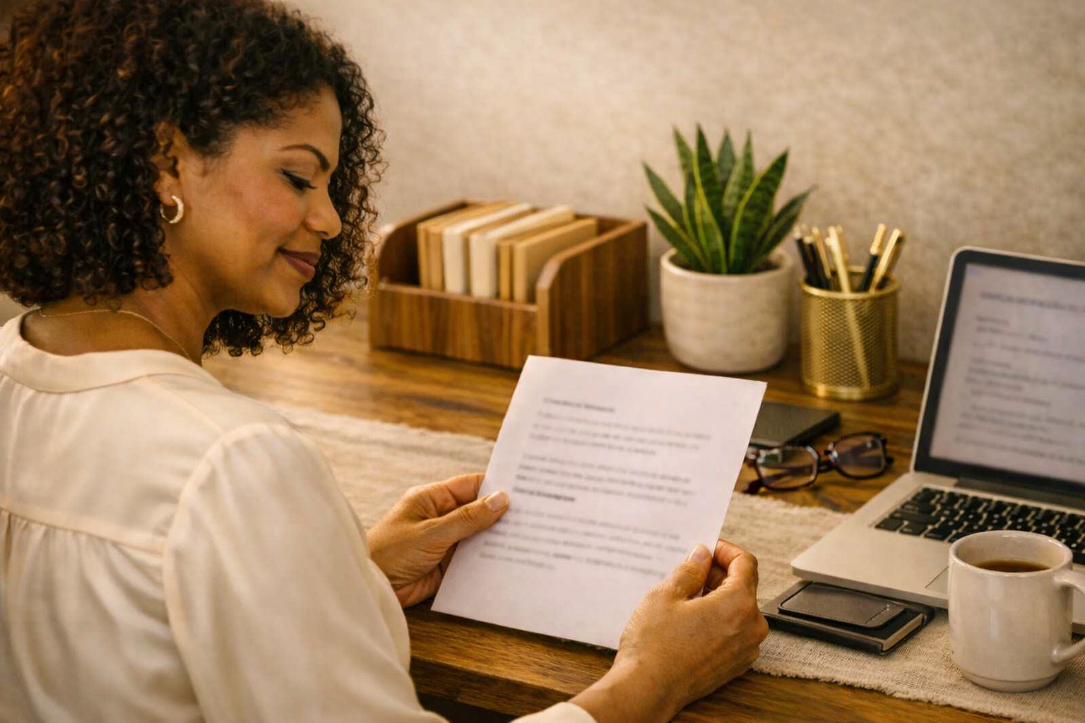 A woman with curly hair in a white blouse sits at a wooden desk, reading a document with blurred text. The desk holds a laptop, glasses, a coffee mug, and a notebook. In the background, there are books in a wooden organizer, a potted plant, and a golden pen holder with pens.