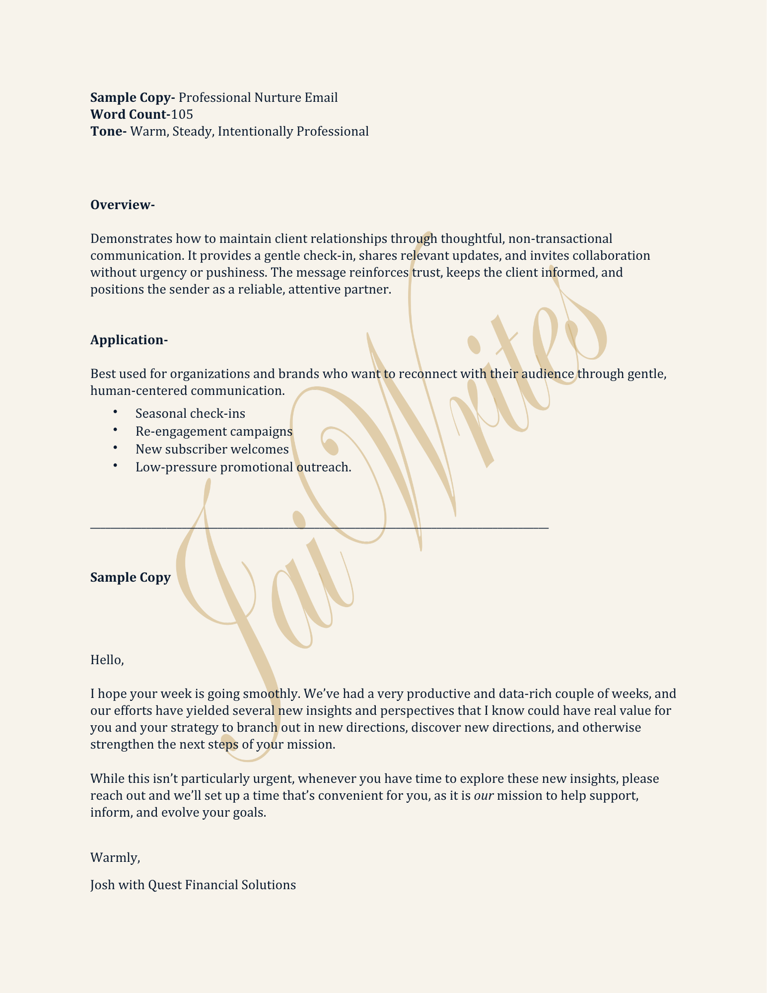 A professional letter with decorative beige script words in the background, titled 'Sample Copy - Professional Nurture Email', discussing client relationships, communication, and strategy, signed by Josh with Quest Financial Solutions.