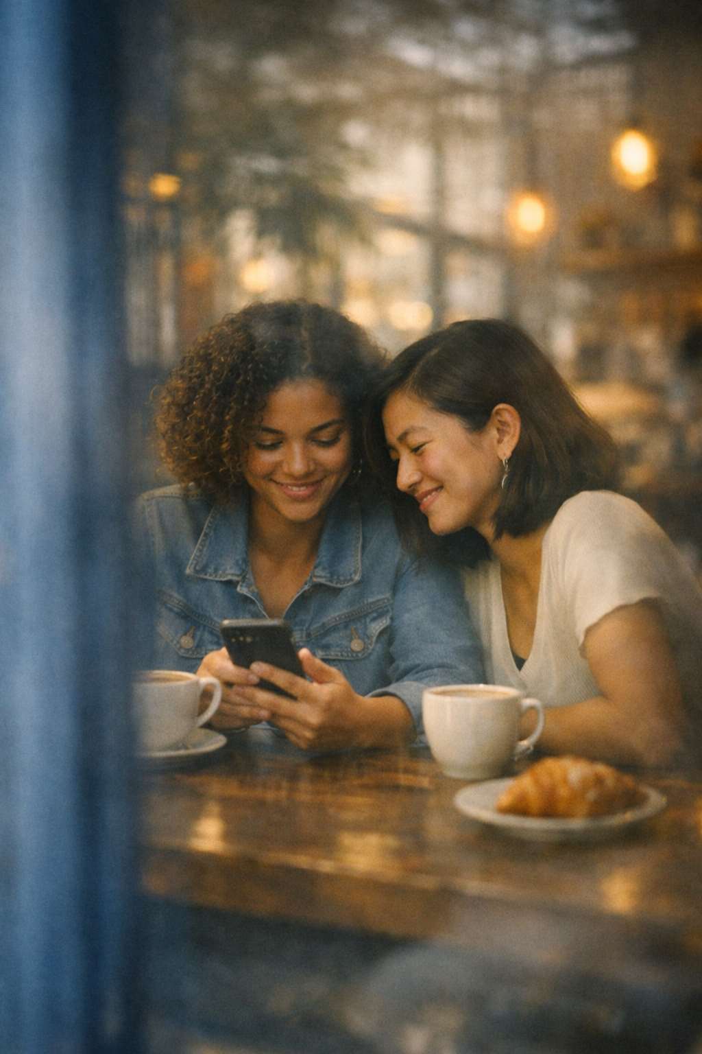 Two women sitting together at a cafe, looking at a phone and smiling, with coffee cups and a croissant on the table.
