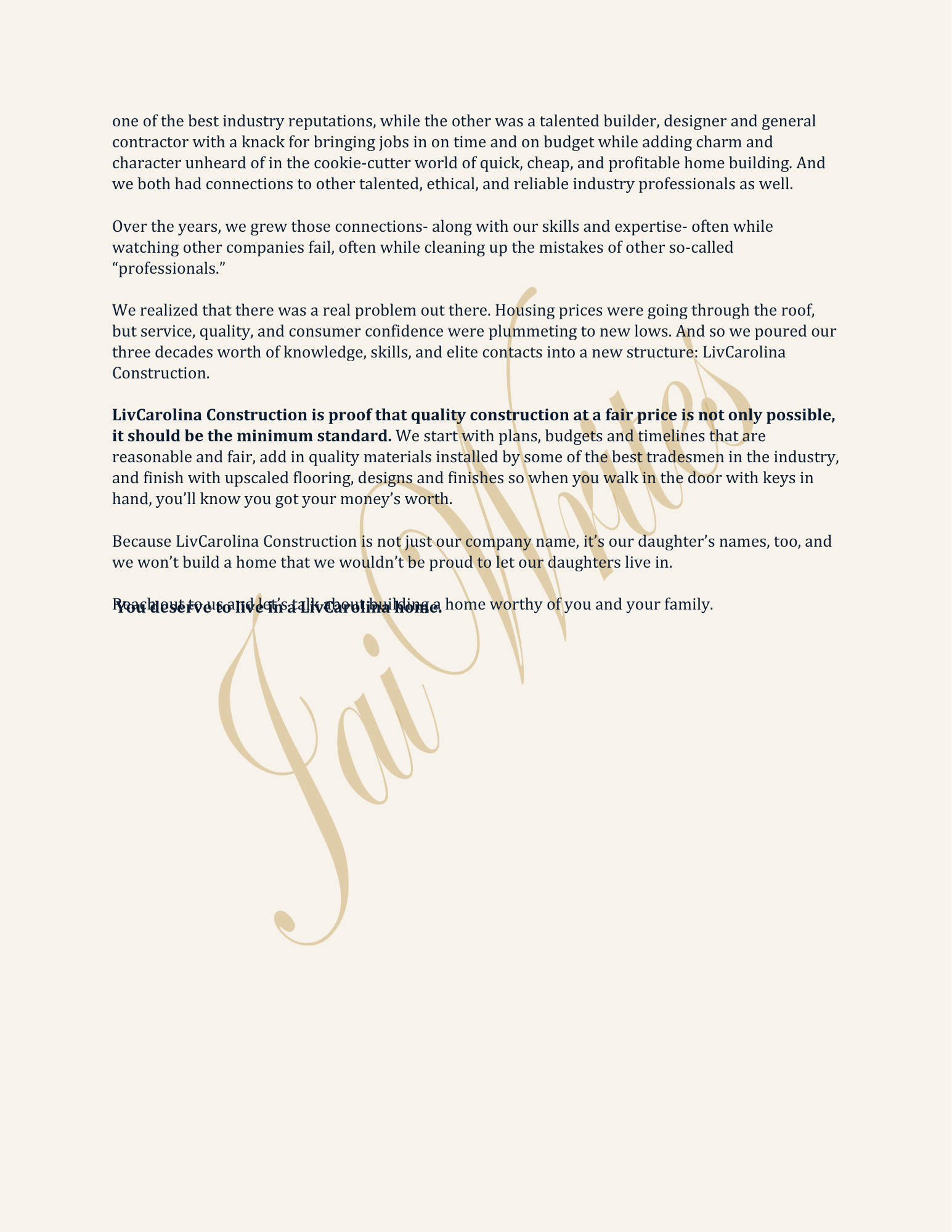 A beige background with a large, stylized, cursive word 'Faith' in a soft brown color, overlaid with a paragraph of text discussing construction and industry values.