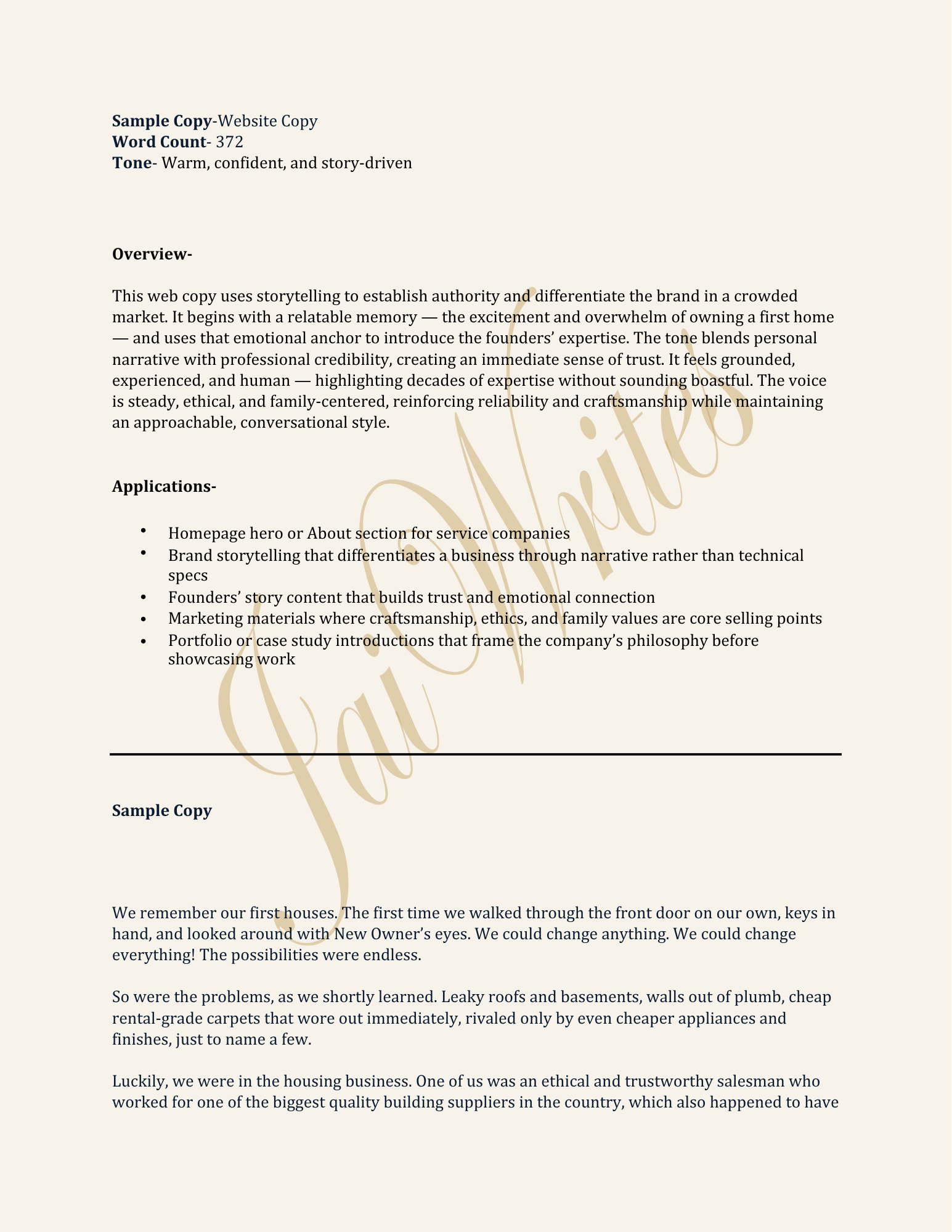 A printed document with a title, subtitle, and multiple paragraphs of text discussing storytelling, branding, and personal experiences in the housing industry, with a light beige background and elegant, cursive faded text creating a decorative element.