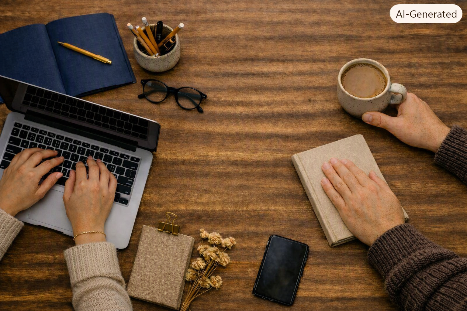 Overhead view of a workspace with two people, one typing on a laptop and the other holding a coffee mug. The desk has notebooks, pens in a holder, glasses, a smartphone, dried flowers, and a small beige box.
