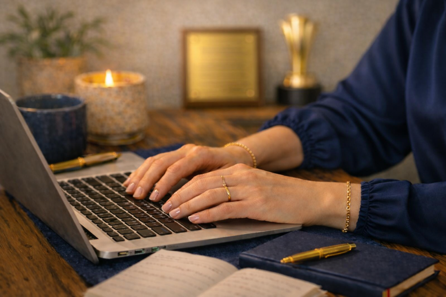 Person in blue long sleeves typing on a laptop, with a notebook and pen on a wooden desk, candles and a plant in the background.