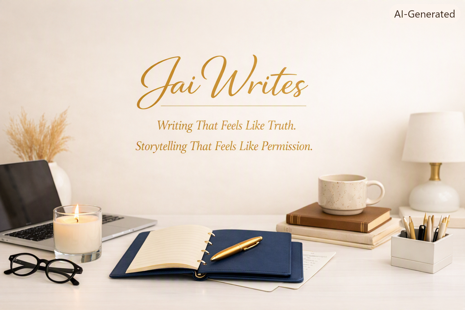 A workspace with a laptop, a lit candle, a pair of eyeglasses, an open notebook with a gold pen, a stack of books with a coffee mug on top, a white table lamp, a small container of pens, and a vase with dry wheat. The background has the text "Jai Writes: Writing That Feels Like Truth. Storytelling That Feels Like Permission."