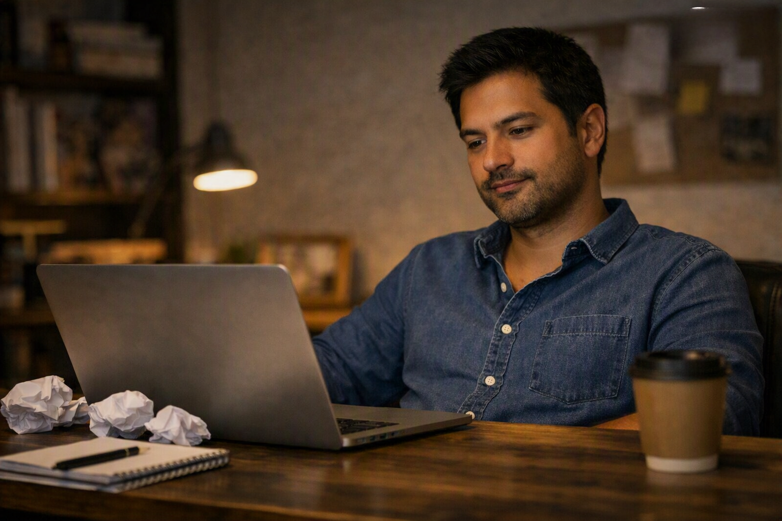 A man sitting at a desk in a cozy, warmly lit room, working on a laptop with crumpled papers, a notebook, and a coffee cup on the desk.
