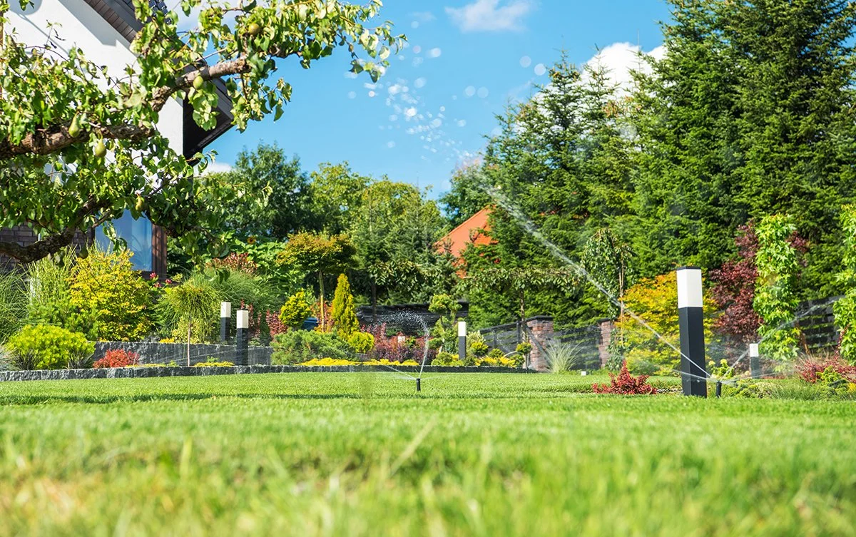 A lush garden with green grass being watered by sprinklers, surrounded by trees and shrubs under a blue sky.