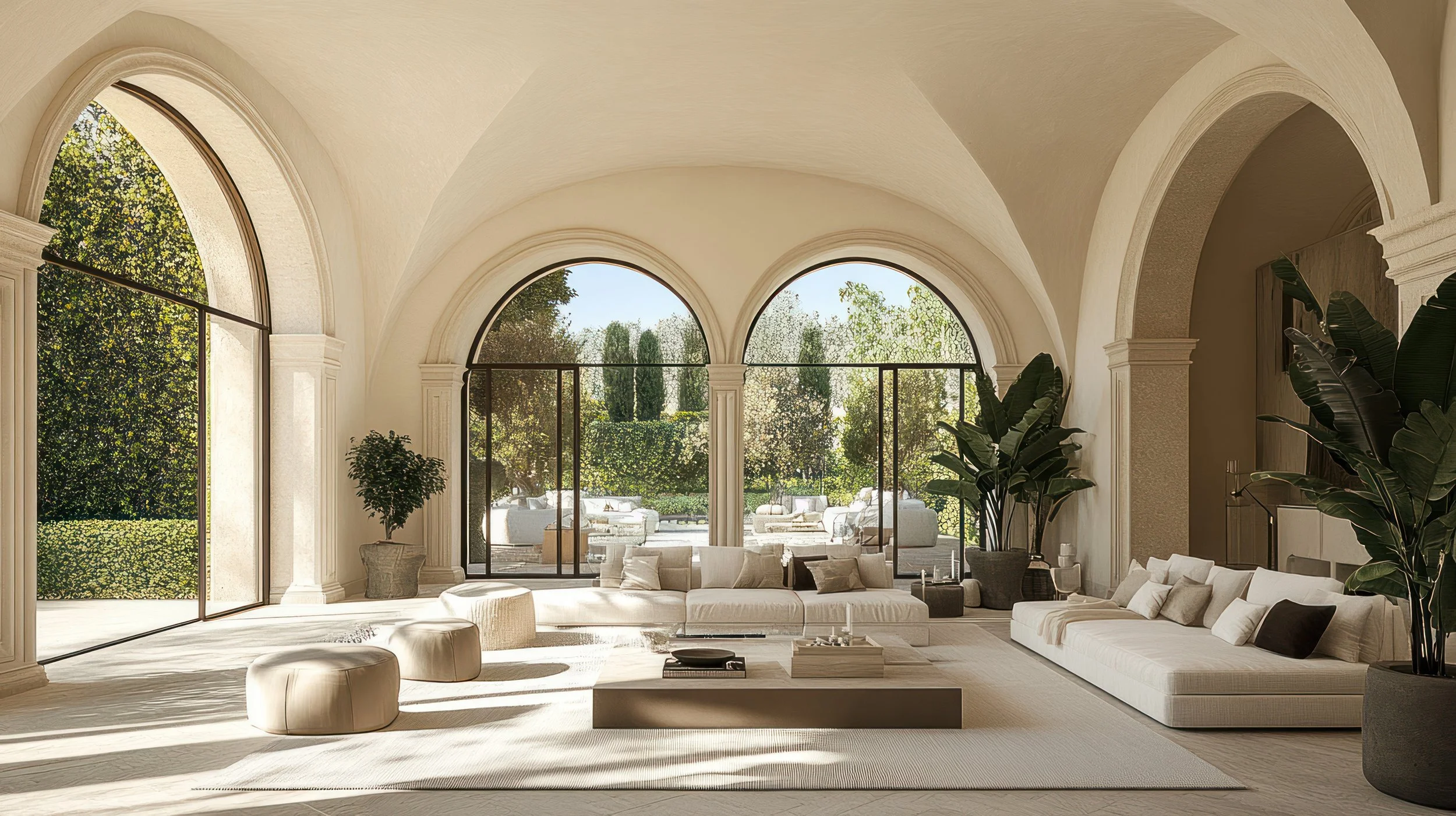 Bright, spacious living room with high vaulted ceilings, large arched windows showing a lush outdoor garden, and modern white furniture with green plants.