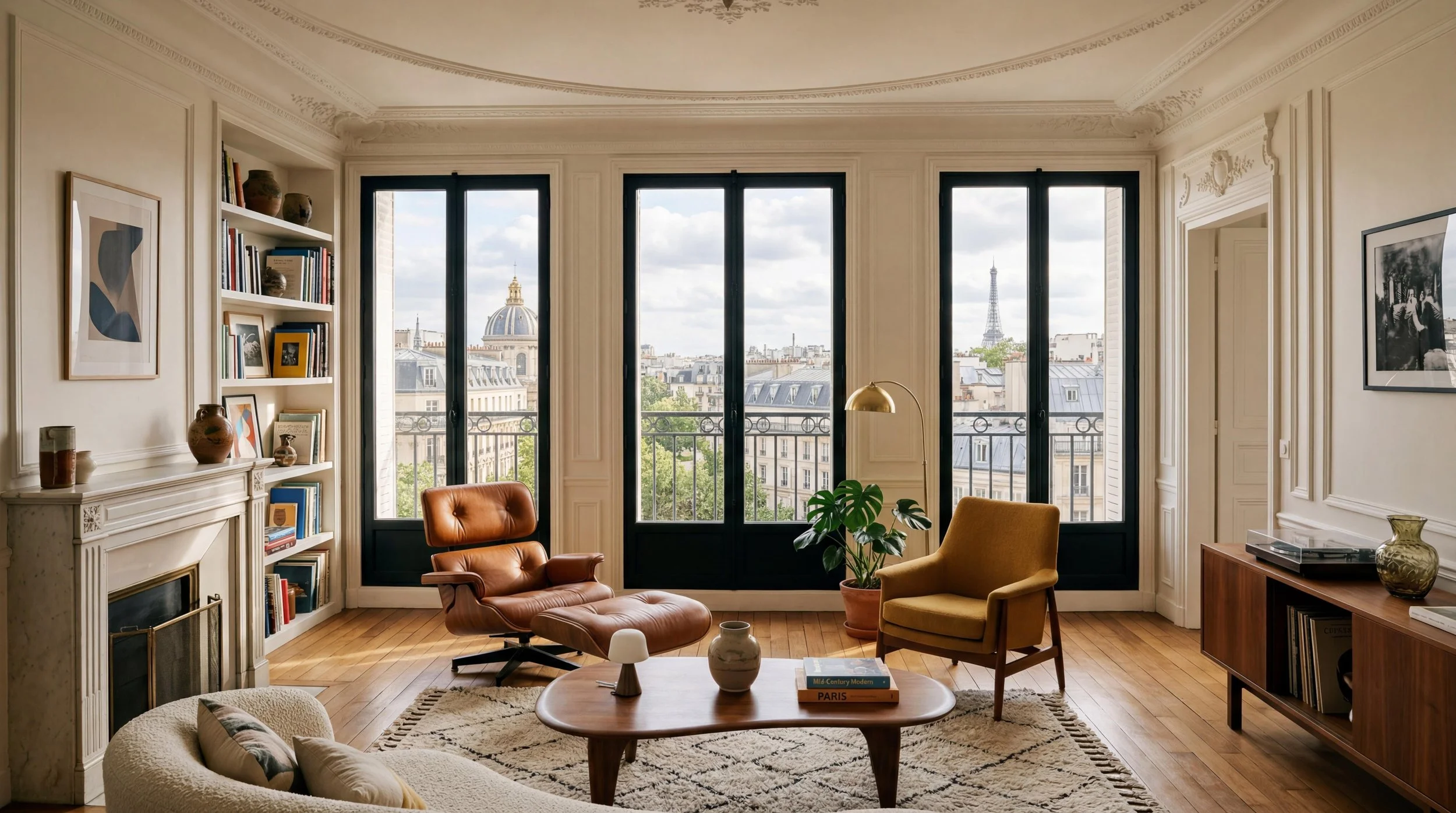 Living room with large windows overlooking Paris, including the Eiffel Tower and a domed building. Features include an orange lounge chair, a yellow armchair, a light wood coffee table with books and vases, a cream sofa, built-in white bookshelves with books and pottery, artwork on the walls, and potted indoor plants.