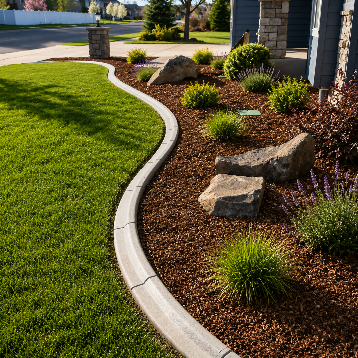 A manicured lawn with green grass and a landscaped garden bed with shrubs, flowers, and rocks, bordered by a curved concrete edging in front of a house.
