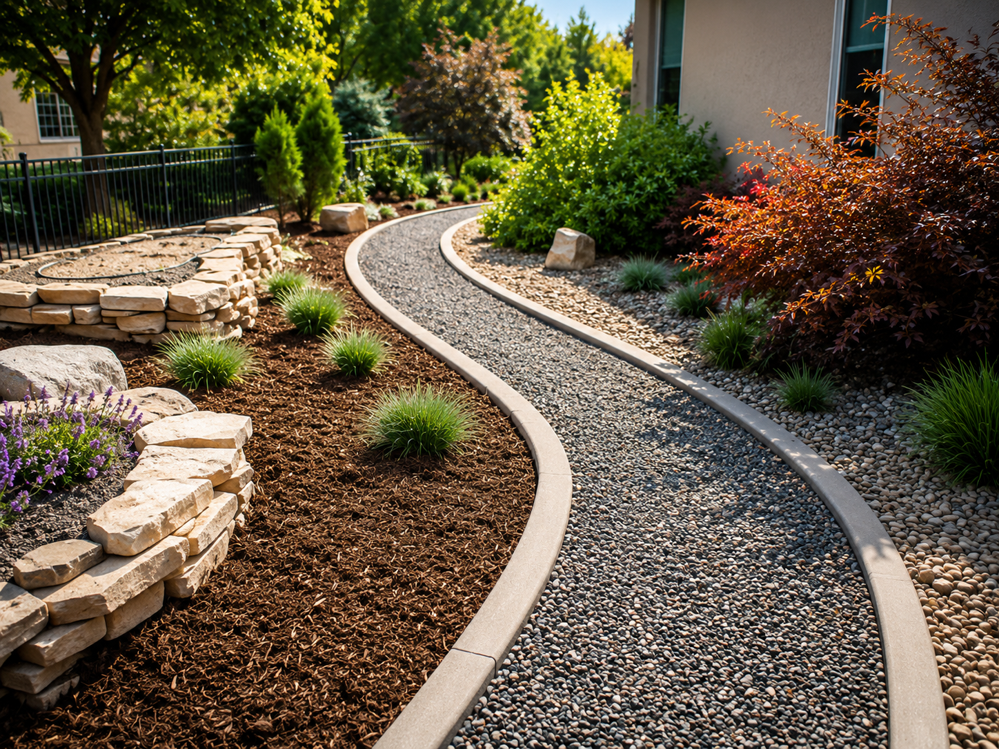 Curved gravel pathway through a landscaped garden with various green plants, trees, and decorative rocks.
