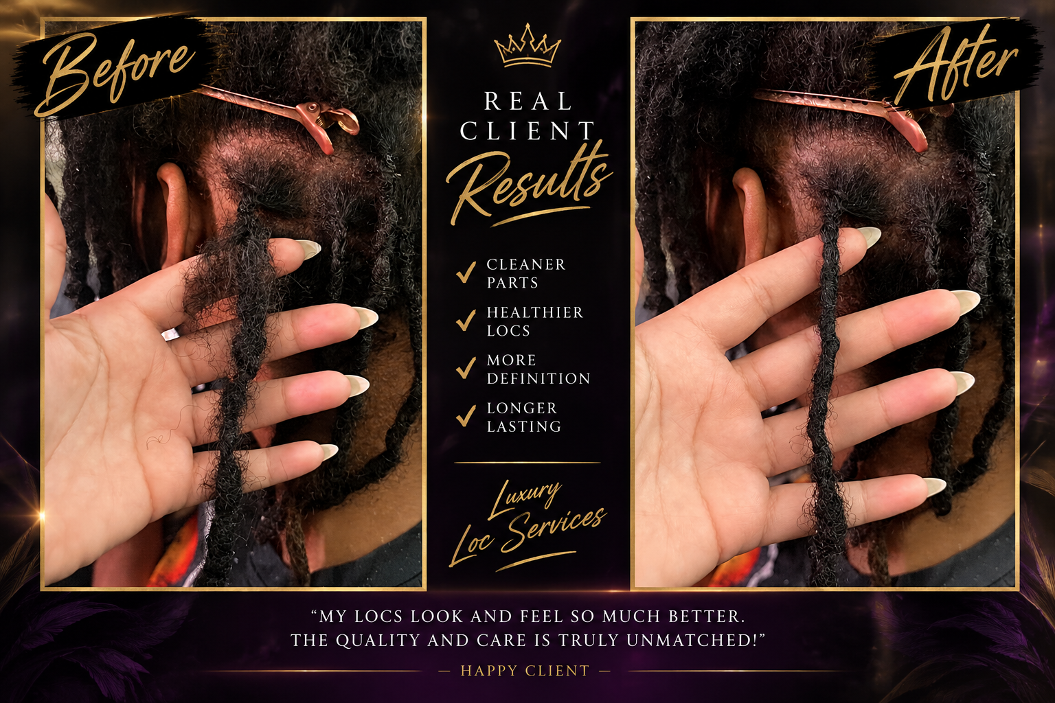 Comparison of a person's scalp with hair before and after a hair treatment, with promotional text and checkmarks highlighting benefits.